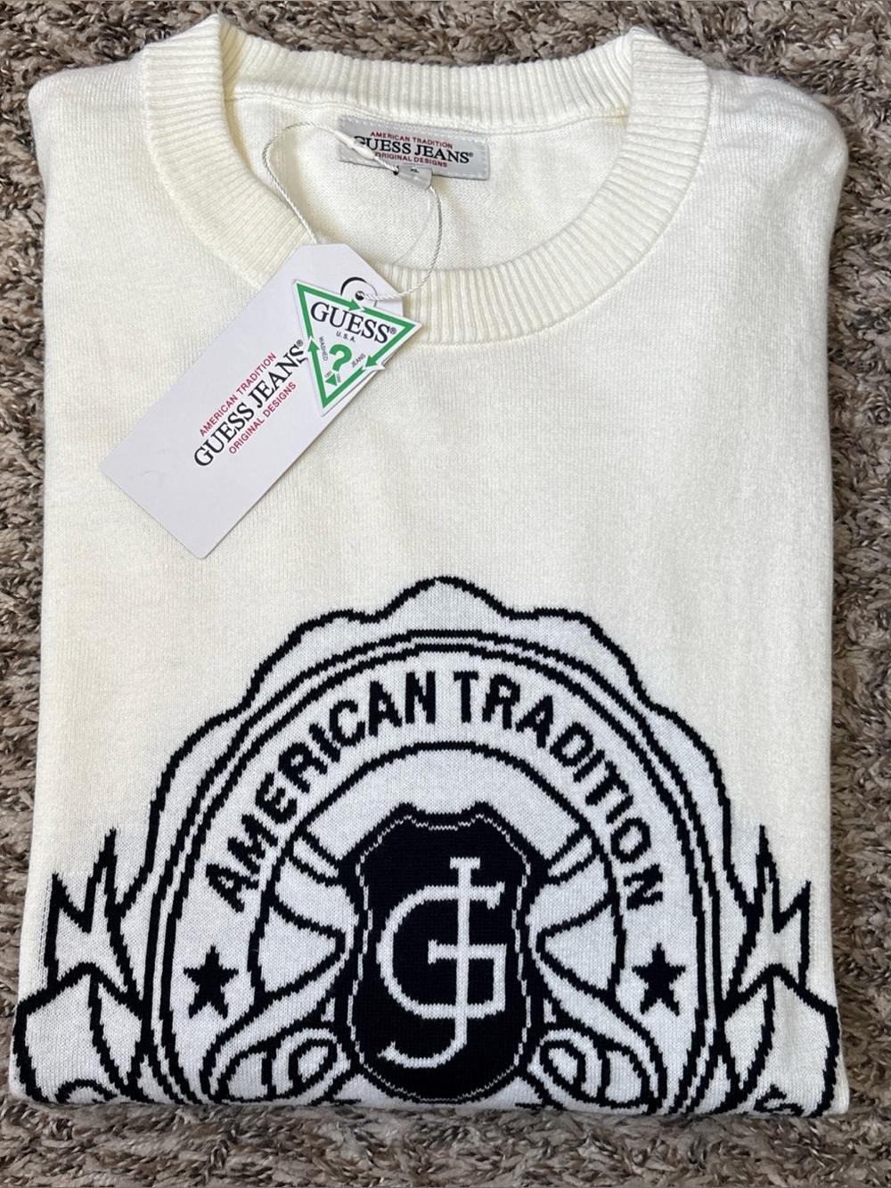 Guess Cream Crewneck Sweater with Black Logo